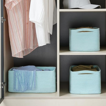 3-Pack Storage Baskets for Organizing | Woven Shelf Toy Basket | Rope Baskets for Gifts Empty | Closet Organizer Bins with Handles | Cube Decorative Box | 13.7×7.1×6.7” | Light Blue