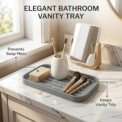 Silicone Organizer Tray, Soap and Sponge Holder for Kitchen Sink, Bathroom - Storage Tray for Dish Brush, Soap Dispenser, Dishwashing Accessories-(Gray 1 Pack, 10"x5.3")
