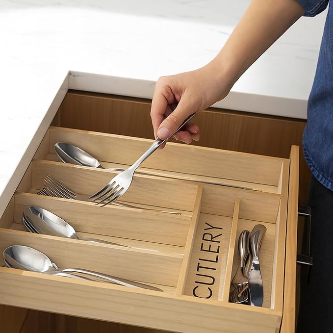 Rustic Wood Cutlery Tray – 6 Slot Flatware Organizer for Kitchen Drawers | Farmhouse Style Silverware & Utensil Storage