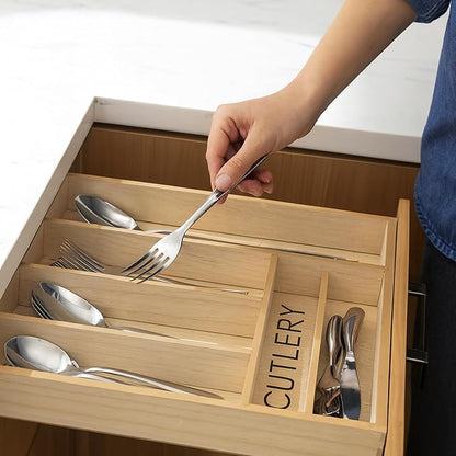 Rustic Wood Cutlery Tray – 6 Slot Flatware Organizer for Kitchen Drawers | Farmhouse Style Silverware & Utensil Storage