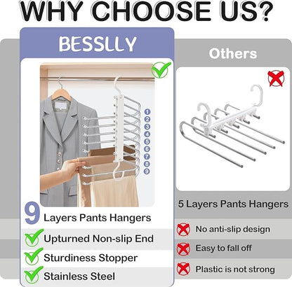 Upgrade 9 Layers Pants Hangers Space Saving, 4 Pack Pant Hangers Organizer Multifunctional Pants Rack Space Saver Closet Organizers and Storage Hangers for Pants Jeans Leggings Skirts, Snowy White