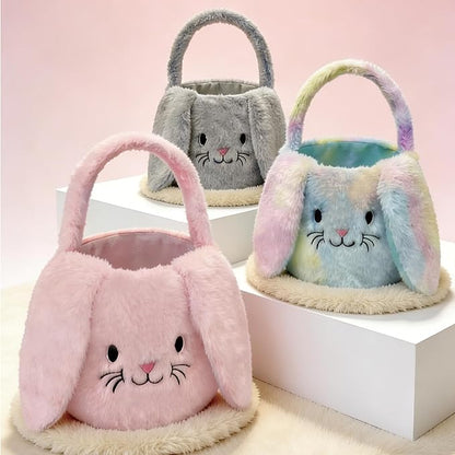 Easter Bunny Basket Plush Decorative Basket for Eggs Candy and Small Gifts (Rainbow)