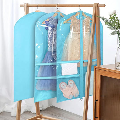 Univivi 40 Inch Girls Garment Bags for Dance Costumes, Dance Competition Garment Bag with 3 Medium Clear Zipper Pockets for Dance Essentials and Accessories, Dance Shoes (Blue) - 4 Pack, UN0752