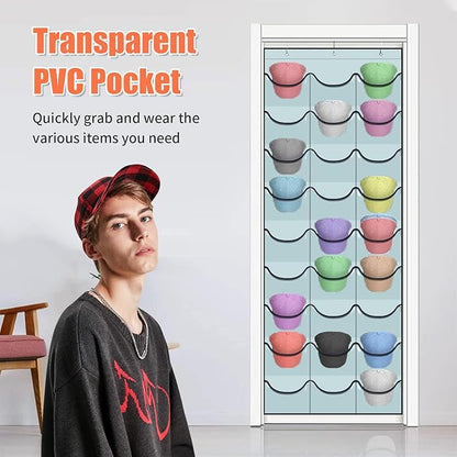 Hat Rack for Baseball Caps, 27 Pockets Over The Door Baseball Hat Organizer, Fitted Hat Storage for Closet Wall Mount Bag With Large Pockets & 3 Hooks, Hat Holder Hanger Organization to Display Caps