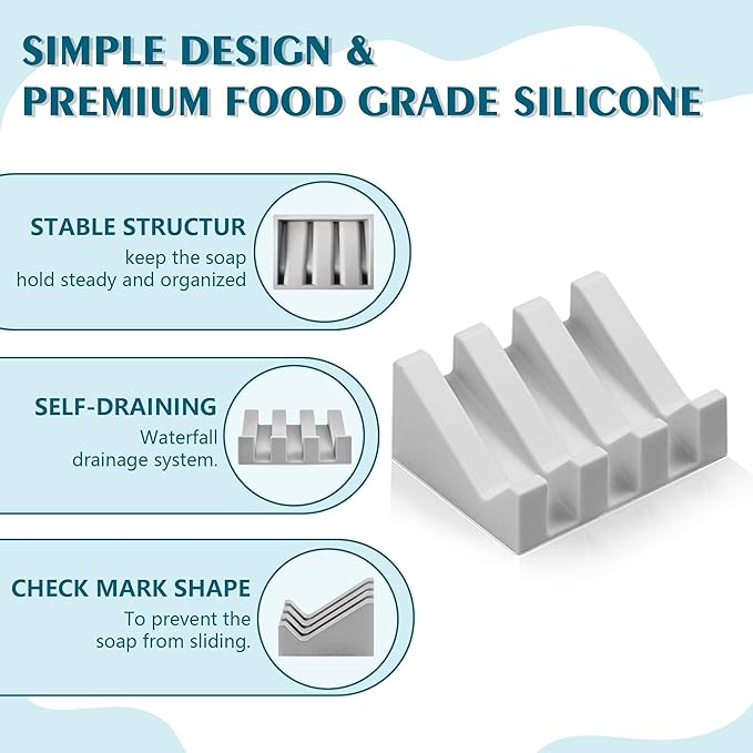 Self Draining Soap Dish Holder,Silicone Soap Dish,for Bathroom,Kitchen, Sponges，Can Extend Soap Life，Keep Soap Bars Dry and Easy Cleaning (N-Light Grey,3-Pack)