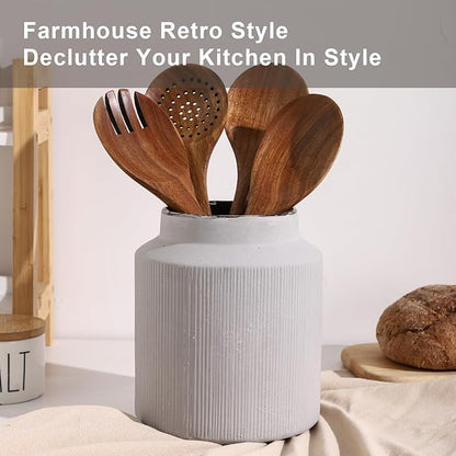 Farmhouse Ceramic Farmhouse Kitchen Utensil Holder for Countertop, Rustic Cooking Utensil Holder Crock Fit for Kitchen Counter.Grey 6.1 x 6.1 x 7 IN