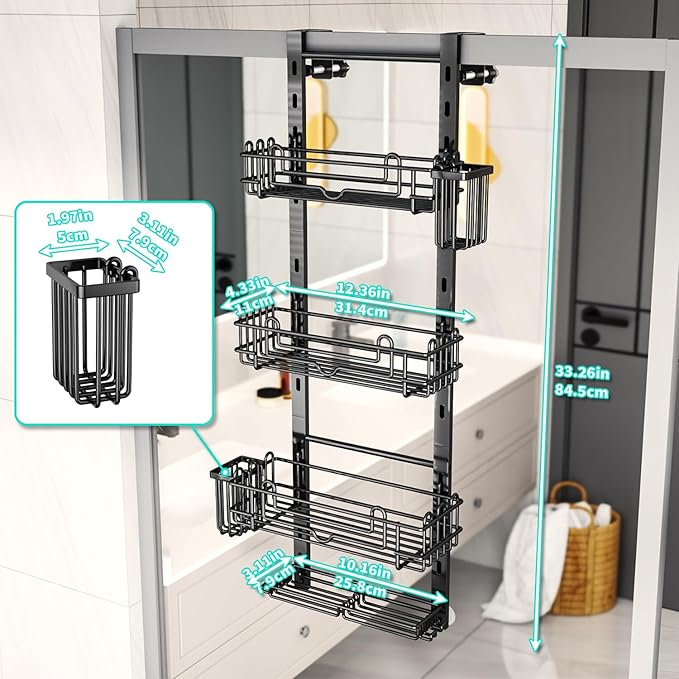 HapiRm 4 Tier Over the Door Shower Caddy, Hanging Shower Organizer with 22 Hooks and 2 Toothbrush Holders, No Drilling Adjustable Hanging Shelves for Bathroom Storage - Black