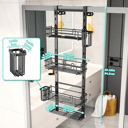 HapiRm 4 Tier Over the Door Shower Caddy, Hanging Shower Organizer with 22 Hooks and 2 Toothbrush Holders, No Drilling Adjustable Hanging Shelves for Bathroom Storage - Black