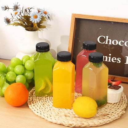 Moretoes 6pcs 12oz Plastic Juice Bottles with Caps, Clear Empty Reusable Water Bottles, Disposable Beverage Containers Bulk for Juicing Smoothies Turmeric Juice Milk and Other Beverages