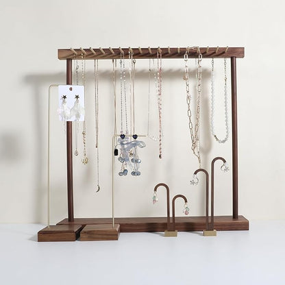 Large necklace hanger shelf with 17 copper bars, Wooden jewelry storage organizer rack for hanger necklace bracelet, necklace display stand for boutique store【Walnut】