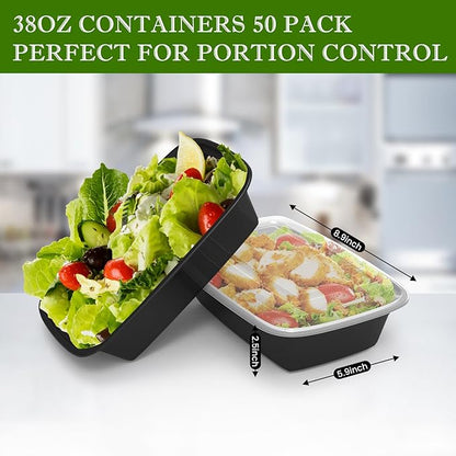 RANLITTLE Meal Prep Containers Reusable 38oz - Food Prep Containers with Lids 50 Pack, Disposable To Go Food Containers, Leakproof, Stackable, Takeout, BPA-Free, Microwave/Freezer Safe