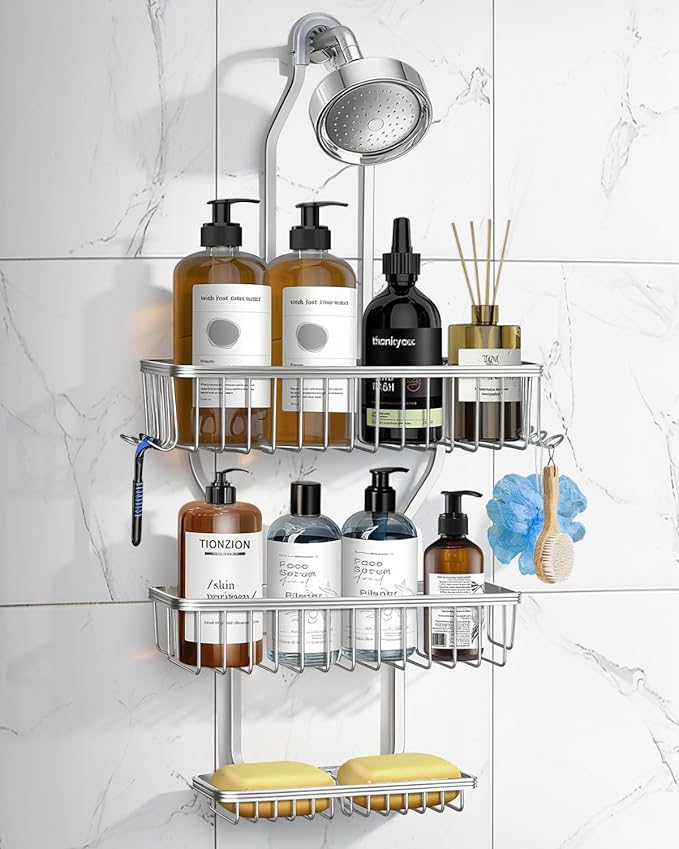 Shower Caddy Hanging - Never Rust Shower Hanging Organizer - Aluminum Over the ShowerHead Caddy with Soap Basket and 6 Hooks for Razor/Sponge (Frosted Silver)