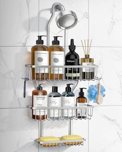 Shower Caddy Hanging - Never Rust Shower Hanging Organizer - Aluminum Over the ShowerHead Caddy with Soap Basket and 6 Hooks for Razor/Sponge (Frosted Silver)