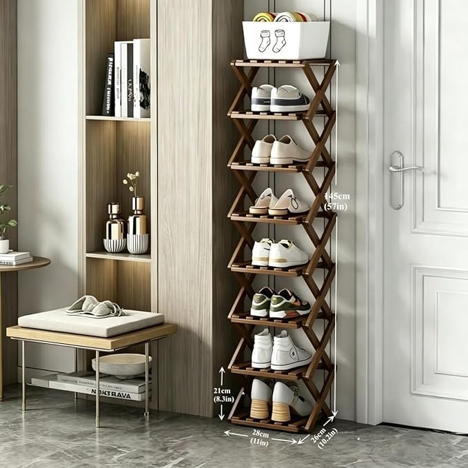 Foldable Shoe Rack, Bamboo Vertical Shoe Organizer Tall for Small Spaces. Multifunctional Narrow Shoe Shelf for Entryway, Closet, Corner, Bedroom, Hallway, Brown Color 8 Layers