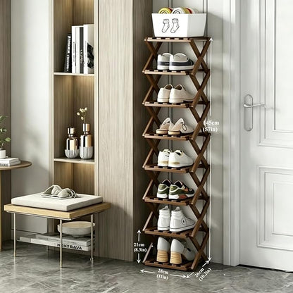 Foldable Shoe Rack, Bamboo Vertical Shoe Organizer Tall for Small Spaces. Multifunctional Narrow Shoe Shelf for Entryway, Closet, Corner, Bedroom, Hallway, Brown Color 8 Layers