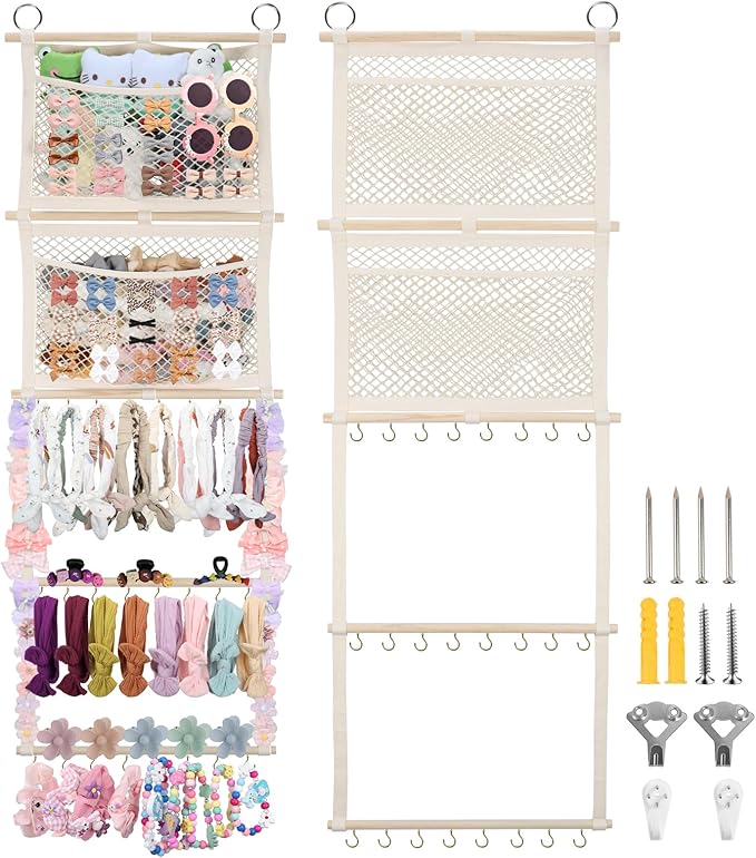 Headband Holder, 17x50in Hair Bow Holder W/ 2 Mesh Pockets & 24 Metal Hooks, Baby Bow Organizer for Girls, Wall Hanging Hair Accessories Organizer Storage Hanger for Toddler Room Nursery Decor(Beige)
