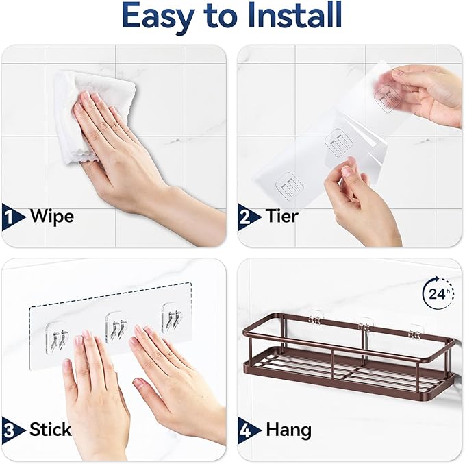 YASONIC Shower Caddy Adhesive, No Drill Bathroom Shower Organizers, with Removable Hooks, Rust Proof Shower Shelves, Wall-Mounted Shower Holder, 2 Pack Bronze