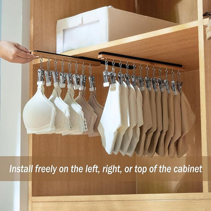 Pull Out Hat Rack for Closet, Sliding Hooks Hanger Rack with Clips for Bras Caps Underwear Socks Scarves Gloves Handkerchiefs, Dual Side 12 Clips Rail, 2 Pcs