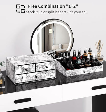 GORESE Leather Makeup Organizer with 3 Drawers for Vanity, Stackable Skincare Holder Dresser Organizer Countertop, Make Up Storage Organizers Counter Cosmetic Display Case Gift for Women(Retro Black)