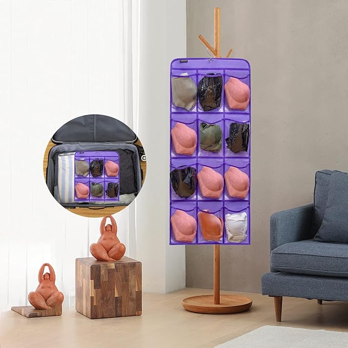 Dual Sided Hanging Shoe Organizer for Closet with Rotating Hanger Hanging Shoe Rack Holder with 24 Large Pockets (Purple-Clear Pockets)