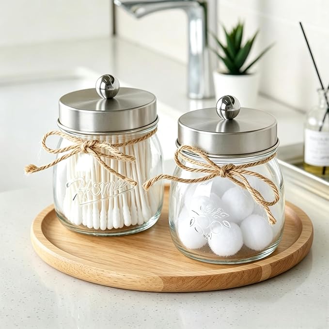 SheeChung 3 Pack Qtip Holder, Contracted Design Bathroom Decor, Apothecary Jars, Mason Jars Bathroom Accessories Set for Cotton Balls, Floss Picks, Cotton Round Pads - Brushed Steel