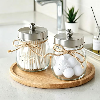 SheeChung 3 Pack Qtip Holder, Contracted Design Bathroom Decor, Apothecary Jars, Mason Jars Bathroom Accessories Set for Cotton Balls, Floss Picks, Cotton Round Pads - Brushed Steel