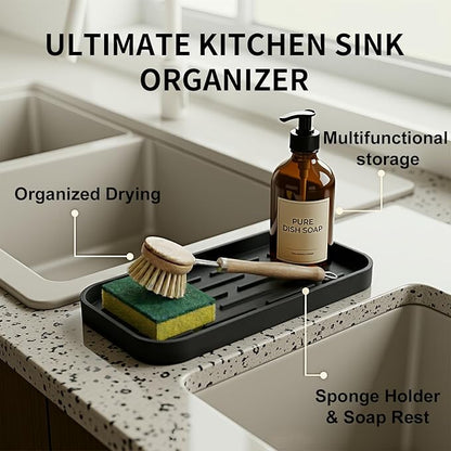 Silicone Organizer Tray, Soap and Sponge Holder for Kitchen Sink, Bathroom - Storage Tray for Dish Brush, Soap Dispenser, Dishwashing Accessories-(Black 1 Pack, 10"x5.3")