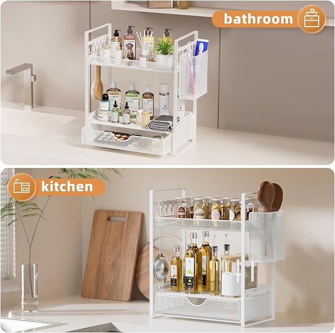 VITVITI 2 Tier Bathroom Organizer Countertop with Drawer, Metal Mesh Bathroom Counter Vanity Organizer Storage, Bath Room Shelf Sink Kitchen Spice Rack with Basket Hooks, White