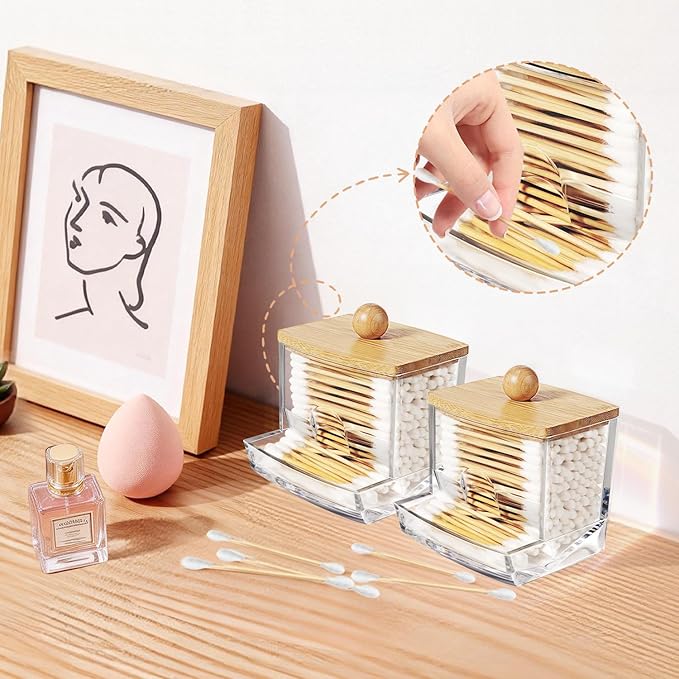 SheeChung 10Oz Acrylic Qtip Holder Dispenser for Cotton Swab, Clear Plastic Containers Apothecary Jars with Bamboo Lid, Bathroom Accessories, Vanity Organizers and Storage, Home Essentials-Brown, 2Pcs