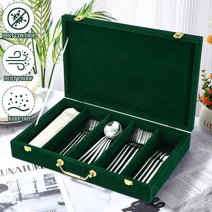 Pickmesh Silverware Case with Lid and Handle, Silverware Storage Box Sterling Silver Flatware Chest Without Silver Tarnish Proof Utensils Organizer for Kitchen Decor Wedding Gifts(Emerald,1 Layer)