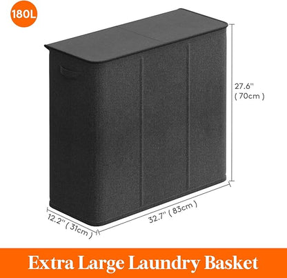 Lifewit Triple Laundry Hamper with Lid and Removable Laundry Bags, Large Collapsible 3 Dividers Dirty Clothes Basket with Handles for Bedroom, Laundry Room, Closet, Bathroom, College, 180L Dark Gray