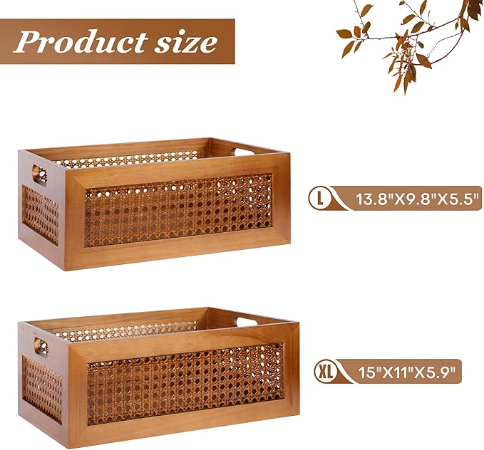 Wooden Storage Basket Set of 2 Handmade Rattan Drawer Storage Box with Frame & Handles Decorative Natural Bamboo Woven Bins Rustic Farmhouse Decor Home Office Tabletop Shelf Organizer