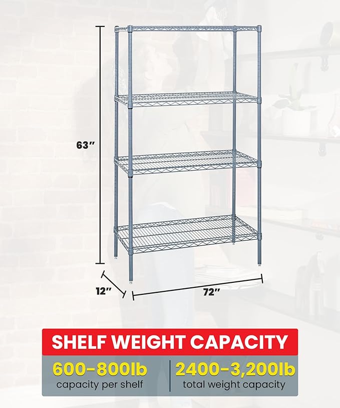 Quantum Storage Systems WR63-1272GY Wire Shelving 4 Shelf Wire Starter Units, 12" x 72" x 63", Gray Epoxy