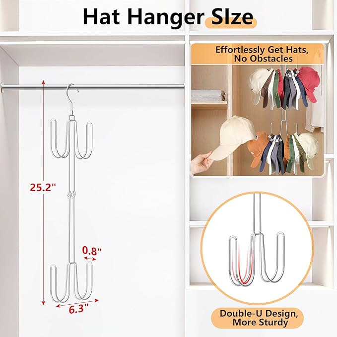NANATI Hat Hangers for Closet, 1 Pack Stainless Steel Hat Organizer, Hat Racks for Baseball Caps, Cap Organizer for Baseball Caps, Silvery