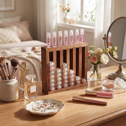 Wonderjune 1 Pcs 6 Slot Wooden Lipsticks Holder 0.7 Inch Lip Balm Tube Holder Lip Gloss Organizer Display Wood Lipsticks Tube Tower Organizer for Market Craft Booth Room Display (Brown)
