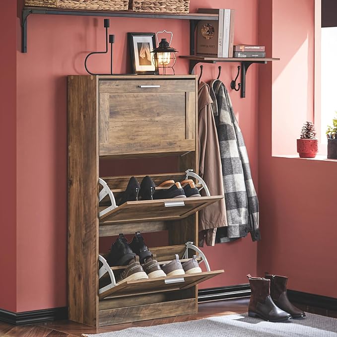 Haotian Shoe Cabinet Storage for Entryway, Narrow Shoe Cabinet with Three Flip Drawers to Save Space, Shoe Rack Cabinet for Front Door Entrance Hallway (Natural)