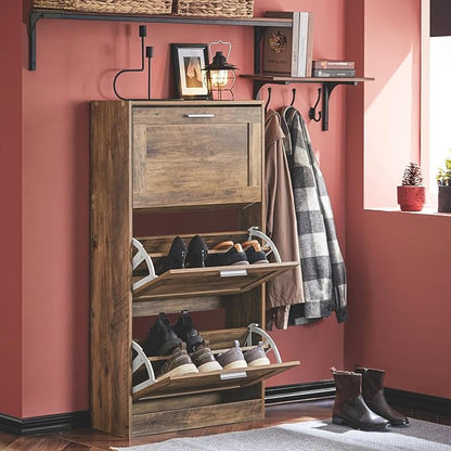 Haotian Shoe Cabinet Storage for Entryway, Narrow Shoe Cabinet with Three Flip Drawers to Save Space, Shoe Rack Cabinet for Front Door Entrance Hallway (Natural)