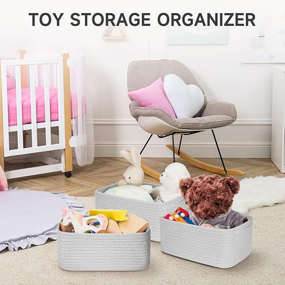 3-Pcs Shelf Baskets for Organizing, Closet Organizer Bins, Small Woven Baskets, Rope Toy Basket, Storage Basket for Shelves, Cube Decorative Box, 11.8×7.8×5.1”, Grey