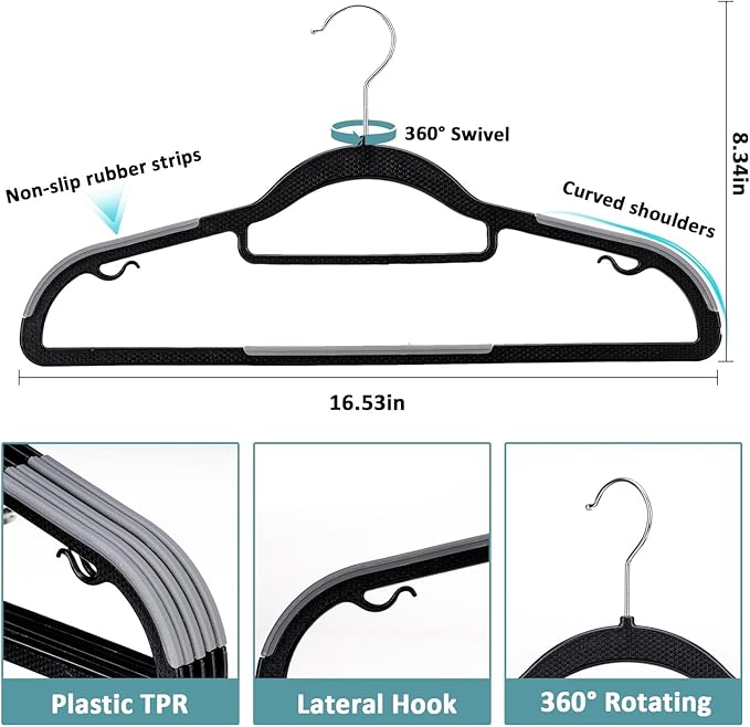 Tonswachic Heavy Duty Plastic Hangers 50 Pack, Space Saving Clothes Hangers, Non-Slip, 0.2 Inches Slim, 360° Swivel Silver Hook for Shirts, Sweaters & Pants, Black and Dark Gray