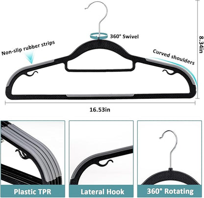 Tonswachic Heavy Duty Plastic Clothes Hangers, Space Saving Hangers 30 Pack, Non-Slip, 0.2 Inches Slim, 360° Swivel Silver Hook for Shirts, Pants & Wet/Dry Garments, Black and Dark Gray