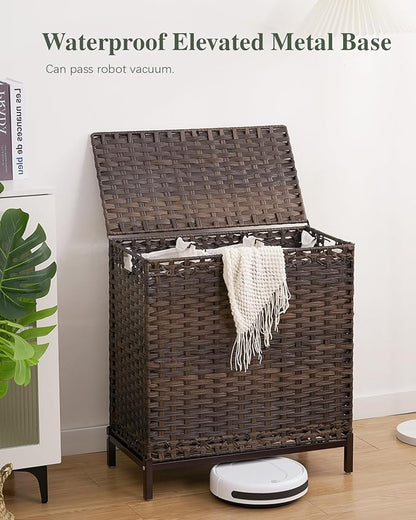 SETVSON Laundry Hamper with Lid 132 L, (35 Gallons) Clothes Hamper with Lid, Handwoven Rattan Laundry Hamper with Metal Heightened Feet, Laundry Hampers with 3 Removable Liner Bags for Laundry-Brown