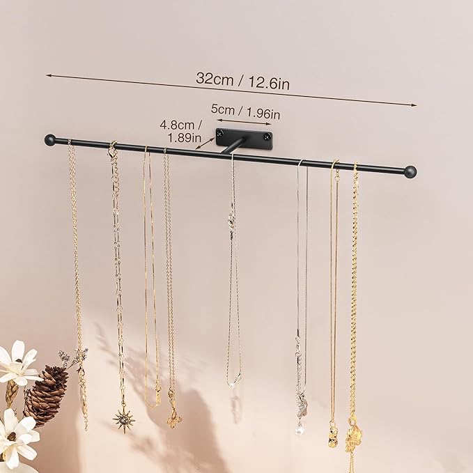 Wall Hanging Jewelry Organizer: 12.6'' Necklace Holder for Earring, Bracelet, Rings, Hairband, Glasses, Black 4-Pack, Screws Included