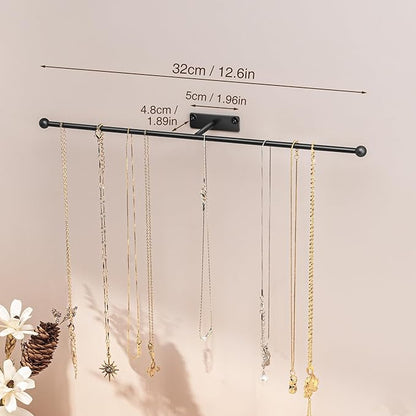 Wall Hanging Jewelry Organizer: 12.6'' Necklace Holder for Earring, Bracelet, Rings, Hairband, Glasses, Black 4-Pack, Screws Included