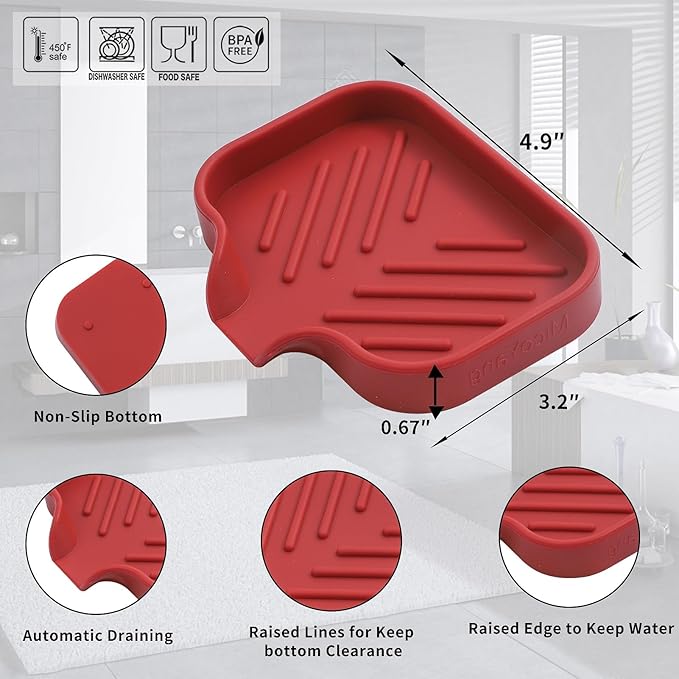 MicoYang Silicone Bathroom Soap Dishes with Drain Spout-Bathroom and Kitchen Sink Organizer,Sponge Holder,Dish Soap Tray,Perfect for Dispenser,Scrubber,Bottle,Cup on Sink or Counter-Red 4.9"×3.2"