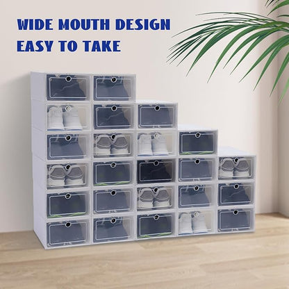 Shoe Organizer Storage Boxes for Closet, 20 Pack Large Boxes Clear Shoes Plastic Storage, White Display Containers Shoe Racks for Storing Sports 13 X 9.1 X 5.5 Inch