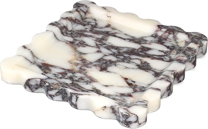 Square Marble Vanity Tray with Scalloped Edge - Natural Marble Perfume Tray Decor for Dresser, Vanity, Kitchen, Home Decor, Decorative Square Stone Tray - Calacatta Viola 8 * 8 inch
