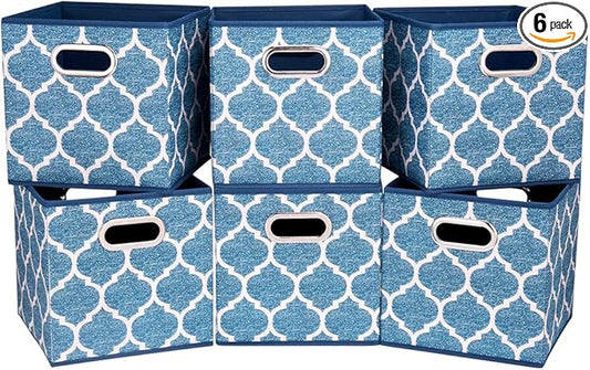 Square Fabric Cube Storage Bins 10.5x10.5 x 11In Blue Cloth Storage Cubes Baskets Foldable Storage Boxes Decorative Cubicle Strorage Inserts Cubes Drawer Organizer Closet,QY-SC09-6