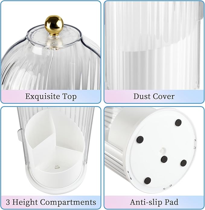 Makeup Brush Holder with Lid 360 Rotating Makeup Brush Organizer, Dustproof Waterproof Material & with 3 Compartments for Organized Storage, Dressing Tables Clear Storage Skincare Cosmetic (White)