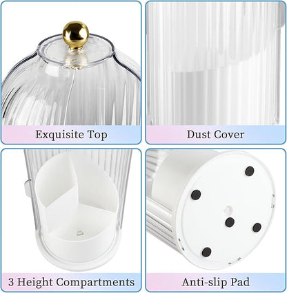 Makeup Brush Holder with Lid 360 Rotating Makeup Brush Organizer, Dustproof Waterproof Material & with 3 Compartments for Organized Storage, Dressing Tables Clear Storage Skincare Cosmetic (White)