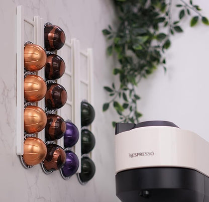 Adhesive Coffee Pod Holder for Nespresso VertuoLine, Holds 20 Capsules - Wall or Cabinet Mounted Coffee Capsule Rack with Strong 3M Adhesive Strips, Vertical or Horizontal Mount